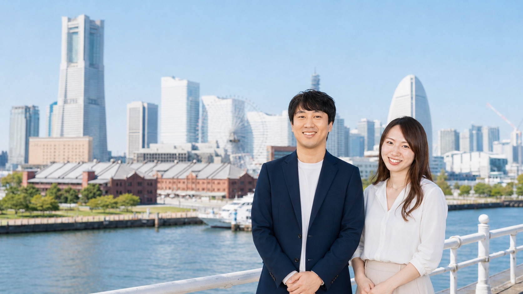 横浜みなとみらいを背景に微笑む男女