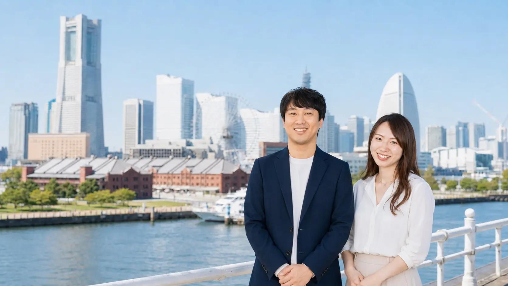 横浜みなとみらいを背景に微笑む男女
